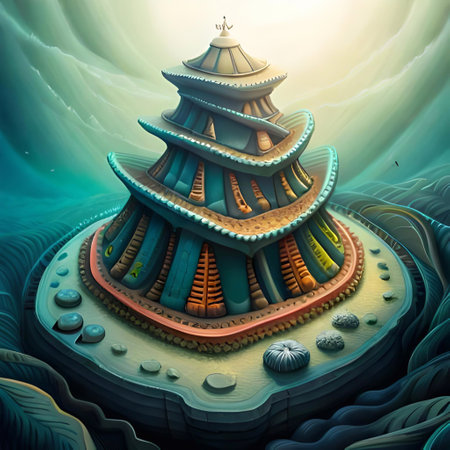3D illustration of a fantasy Japanese temple in the sea, with a lot of clouds.. Ai generatedの素材