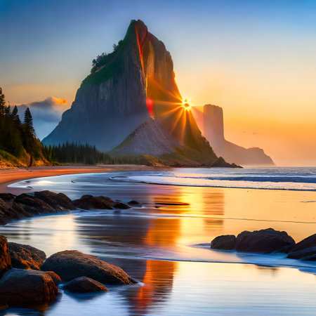 Beautiful sunrise at the famous rock of Moeraki, Lake Tahoe, California. Ai generatedの素材