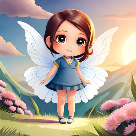 Illustration of a cute little girl in a blue dress with wings. Ai generatedの素材