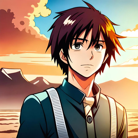 Portrait of an anime manga style man on the background of the sunset. Ai generatedの素材