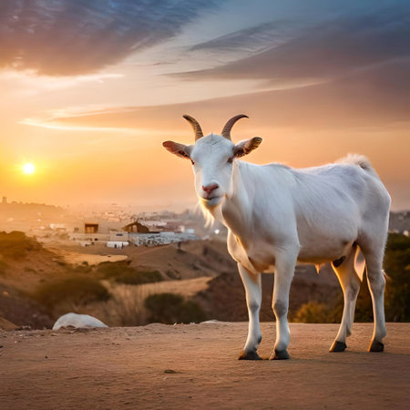White goat on the background of the sunset in Jaipur, Rajasthan, India. Ai generatedの素材