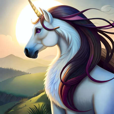 Unicorn in the mountains at sunset - digitally rendered illustration.. Ai generatedの素材