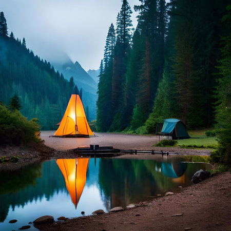 Camping tent on the lake in the mountains at night. Beautiful summer landscape.. Ai generatedの素材