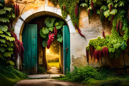 Green door with ivy and red grapes in a garden at sunset. Ai generatedの素材