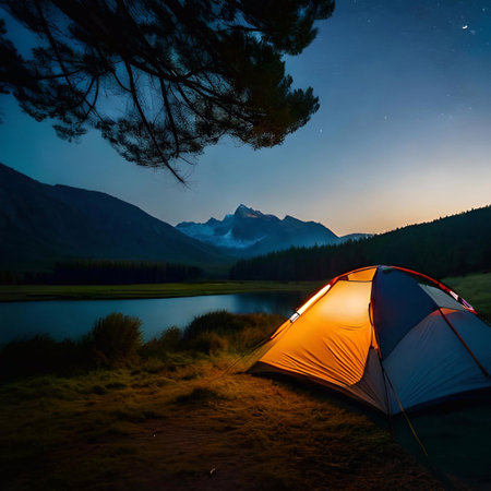 Camping in the mountains at night with a view of the mountain lake. Ai generatedの素材