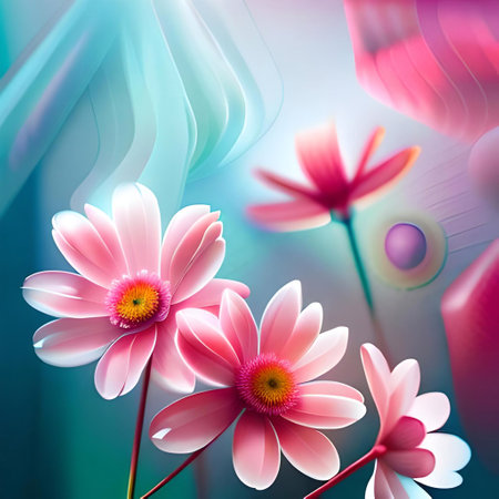 abstract floral background with pink daisies on a blue background. Ai generatedの素材