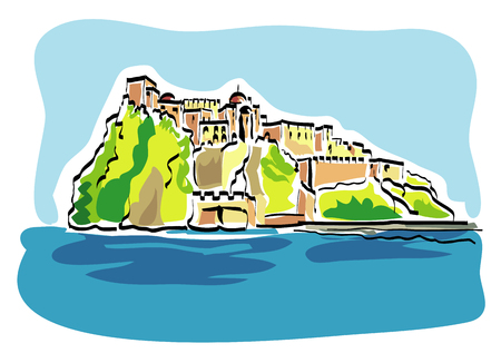 Vector illustration of the Aragonese castle of Ischia island in Italyのイラスト素材