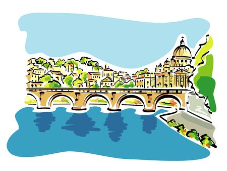 Vector illustration of Rome panorama, with the tiber river in the foreground, and the st. Peter's cathedral in the backgroundのイラスト素材