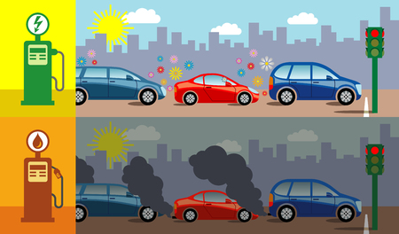 Symbolic vector illustration showing the air pollution produced by petrol cars compared to electric cars.のイラスト素材