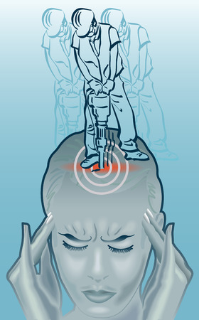 An illustration of a woman holding her head, eyes closed and working with a pneumatic drill on their skull.のイラスト素材