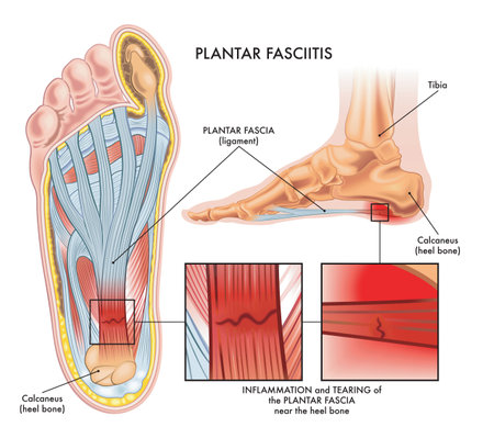 Medical illustration showing section of foot with symptoms of plantar fasciitis with two magnified details of affected points, and annotations.のイラスト素材
