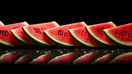 A vibrant row of sliced watermelons, refreshing and tempting.の素材