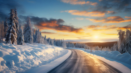 Beautiful winter landscape with road and snow-covered trees at sunset.の素材