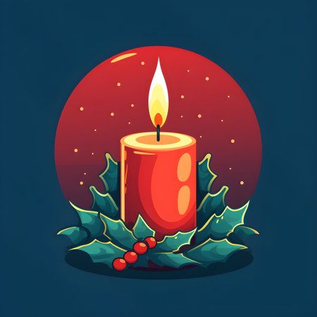 Christmas candle with holly berry. Vector illustration for your designの素材
