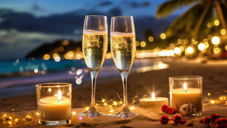 Two glasses of champagne on a tropical beach with candles and palm treesの素材