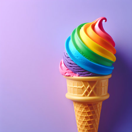 Colorful ice cream in waffle cone on violet background, close upの素材