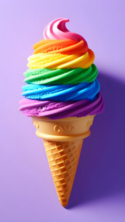 Colorful ice cream cones on violet background, closeup. Summer timeの素材