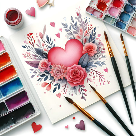 Top view of watercolor paints, brushes, red heart and flowers on white backgroundの素材