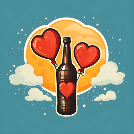 Valentine's day greeting card with a bottle of champagne, hearts and clouds.の素材