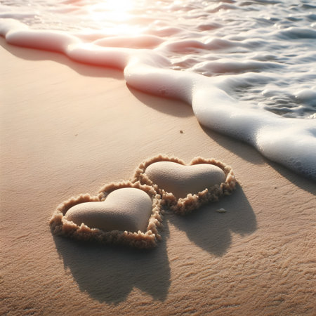 Two hearts on the sand at sunset. Concept of love and romanceの素材