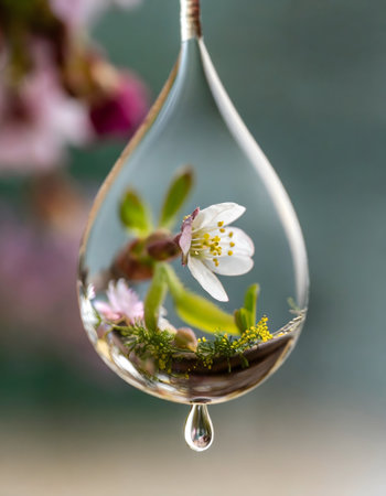 Cherry blossom in a drop of water, close-upの素材