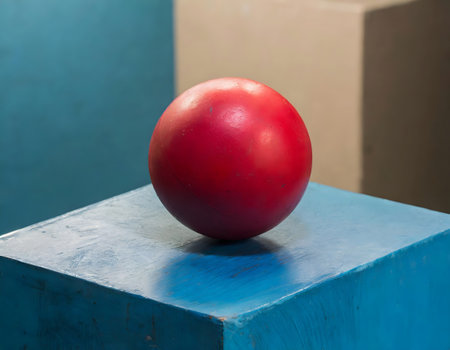 Red bowling ball on a blue wooden table with copy space for textの素材