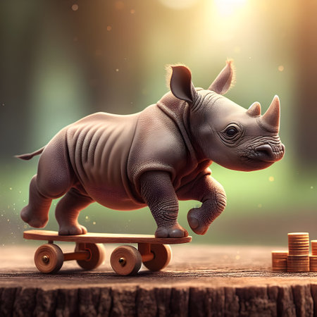 Rhinoceros riding a skateboard with coins on wooden backgroundの素材