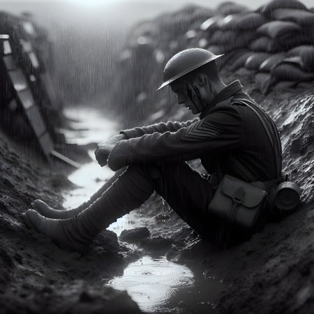 Portrait of a man in a military uniform and a helmet sitting on the edge of a puddleの素材