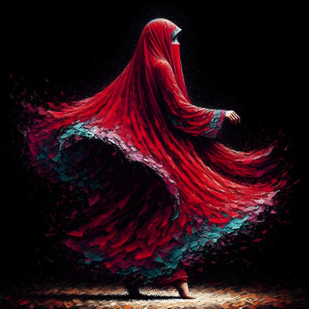 abstract illustration of a woman in a long red dress with a hoodの素材