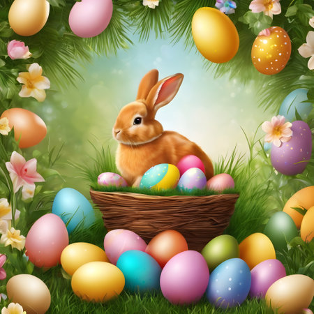 Easter rabbit in basket with colorful eggs on green grass and flowers.の素材