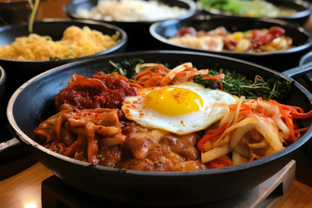 Korean food, kimchi and fried egg in black bowlの素材