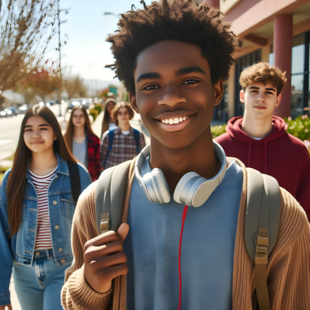 happy african american teen boy with backpack and classmates on backgroundの素材