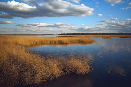 Beautiful lake landscape with dry grass and blue sky with clouds.の素材