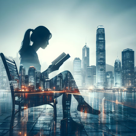 Silhouette of businesswoman reading a book on the modern city backgroundの素材