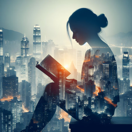 Side view of young woman reading book against cityscape background. Education conceptの素材