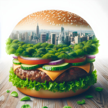 Big hamburger with fresh vegetables and cityscape on the background.の素材