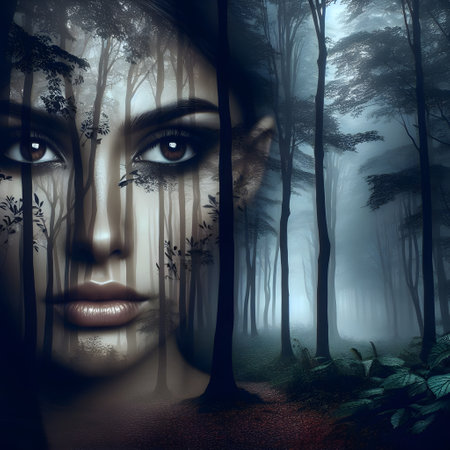 Mysterious woman in dark forest. Halloween concept. 3D renderingの素材