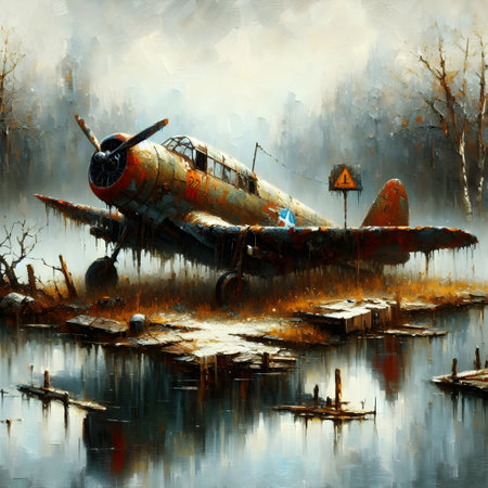 Old airplane on the lake in the autumn forest. Oil painting.の素材