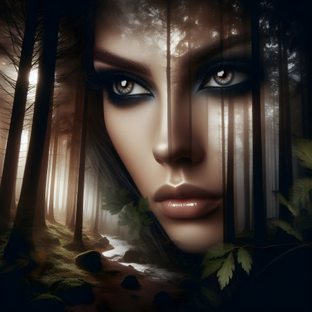 Beautiful woman in the dark forest at night. Fantasy image.の素材