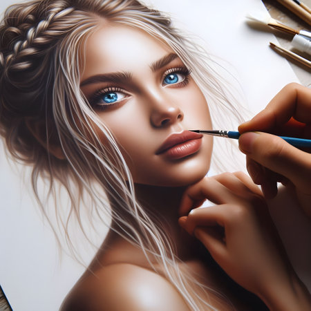 Portrait of a beautiful girl with blond hair. Makeup artist applying makeup with brush.の素材