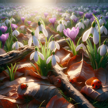Beautiful spring garden with crocuses, snowdrops and ladybugの素材