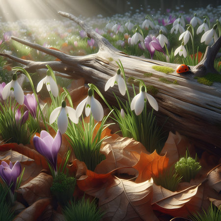 Beautiful spring landscape with flowers and crocus. 3d renderの素材