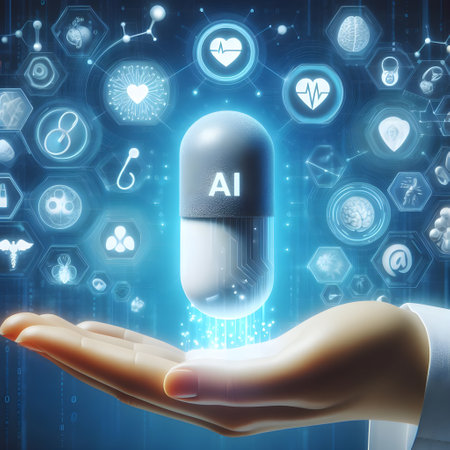 Close up of doctor hand holding pill with medical icons on screen 3D renderingの素材