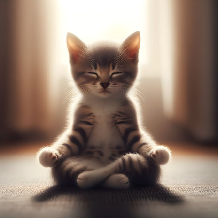 Cute little kitten sitting on the floor and looking at camera.の素材