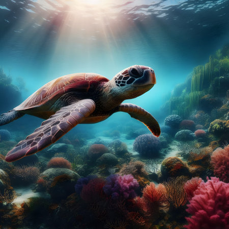 Green sea turtle in the coral reef. 3d render illustration.の素材