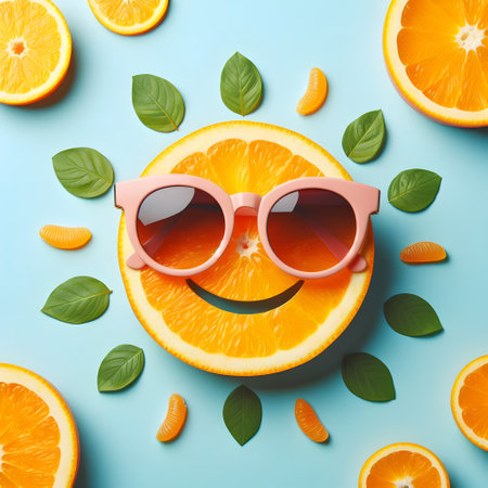 Funny orange with sunglasses and leaves on blue background, top viewの素材