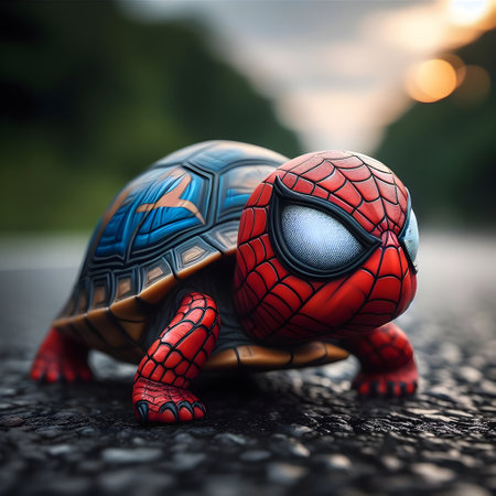 3d rendering of a little turtle on a road in the eveningの素材