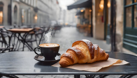 Coffee and croissant on a table in a cafeの素材