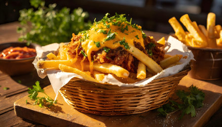 French fries with meat and cheese in a basket on a wooden tableの素材