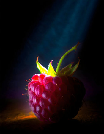 Raspberry on a dark background with a beam of light and smokeの素材